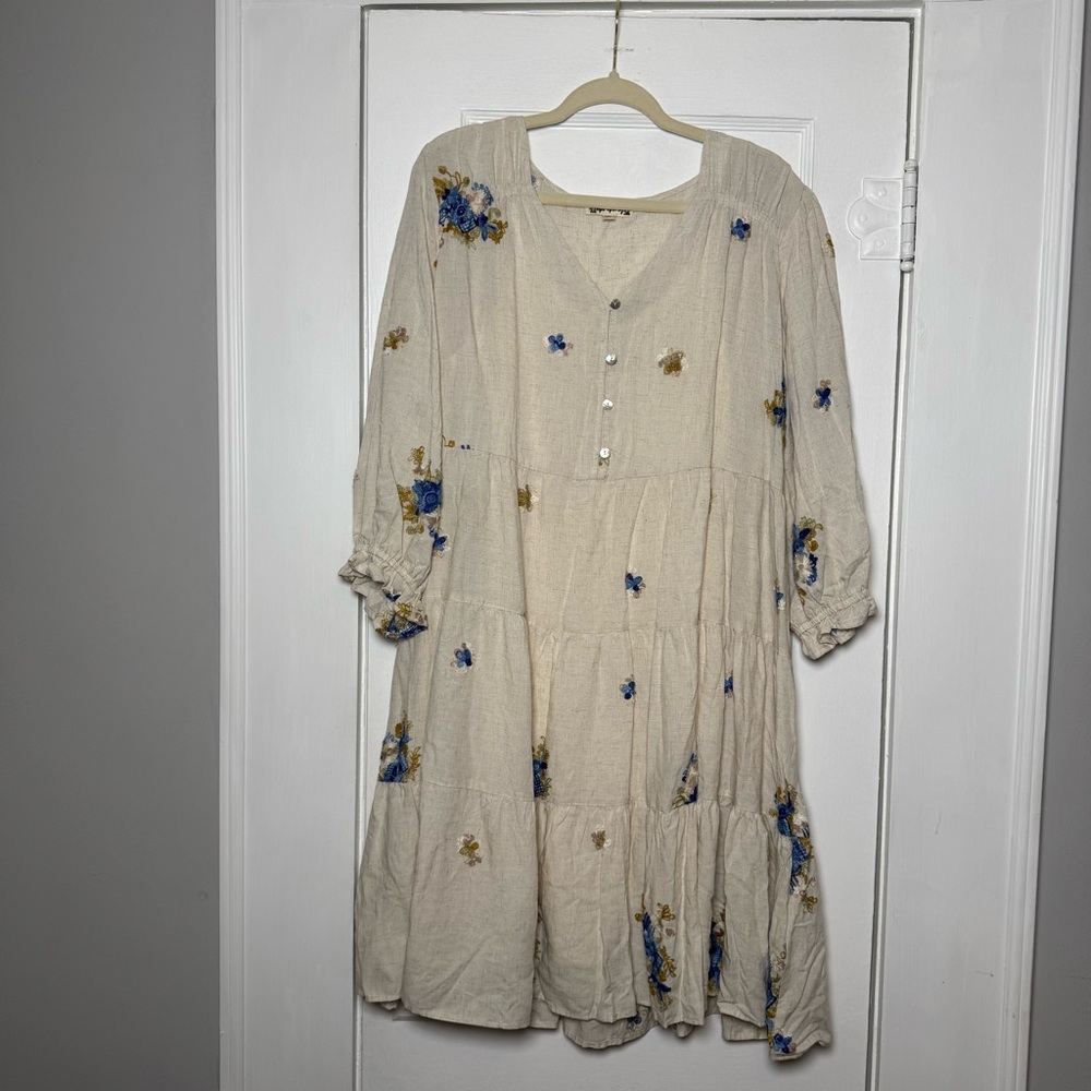 Hope Springs Boho Prairiecore Linen Blend Embroidered Tiered Dress XL